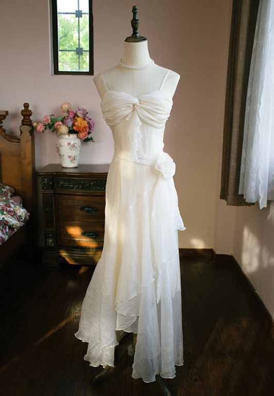 Glam Spaghetti Straps White Prom Dress Ruffles Chiffon Mermaid Evening Dress C9215