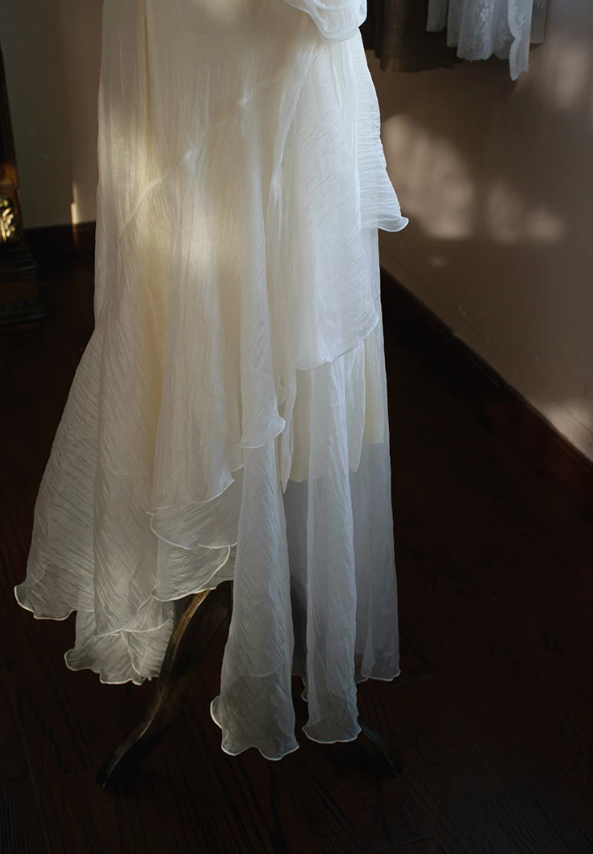 Glam Spaghetti Straps White Prom Dress Ruffles Chiffon Mermaid Evening Dress C9215