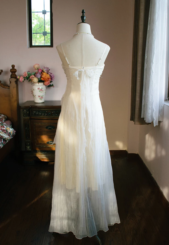 Glam Spaghetti Straps White Prom Dress Ruffles Chiffon Mermaid Evening Dress C9215