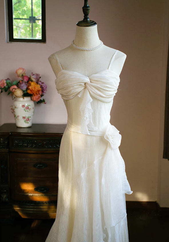 Glam Spaghetti Straps White Prom Dress Ruffles Chiffon Mermaid Evening Dress C9215