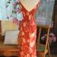 Vintage V Neck Red Prom Dress Floral Ruffles Mermaid Evening Dress C9216