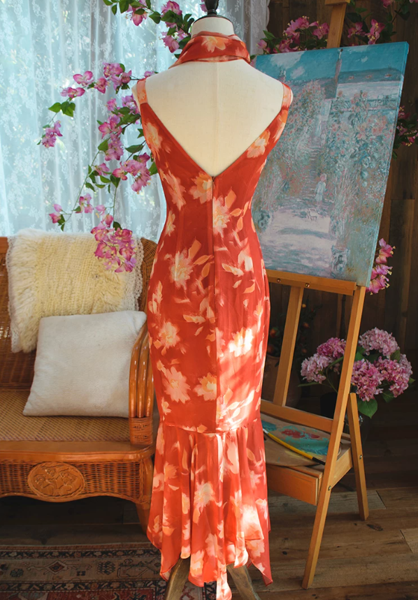 Vintage V Neck Red Prom Dress Floral Ruffles Mermaid Evening Dress C9216