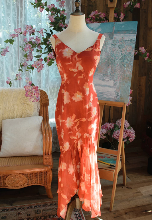 Vintage V Neck Red Prom Dress Floral Ruffles Mermaid Evening Dress C9216
