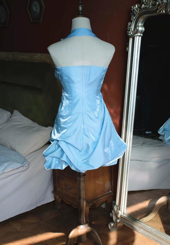 Sleek Halter Neck Homecoming Dress Satin Ruched A-Line Party Dress C9217