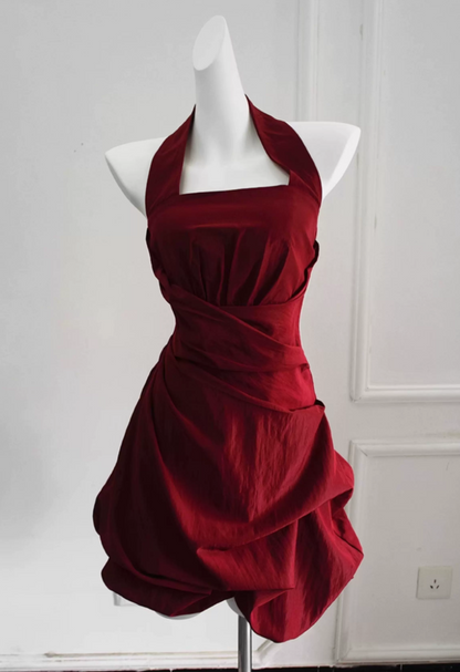 Sleek Halter Neck Homecoming Dress Satin Ruched A-Line Party Dress C9217