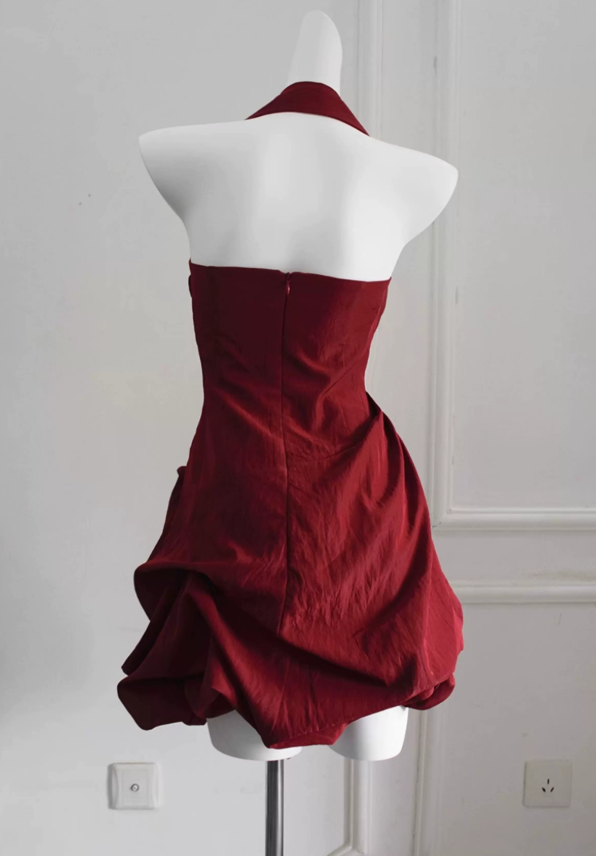 Sleek Halter Neck Homecoming Dress Satin Ruched A-Line Party Dress C9217