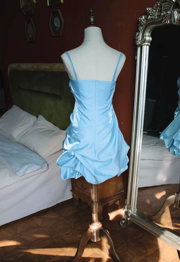 Playful Spaghetti Straps Homecoming Dress Satin Ruched A-Line Party Dress C9218