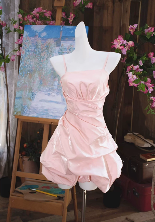 Playful Spaghetti Straps Homecoming Dress Satin Ruched A-Line Party Dress C9218