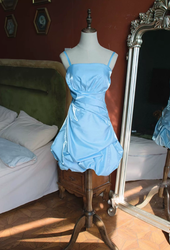 Playful Spaghetti Straps Homecoming Dress Satin Ruched A-Line Party Dress C9218