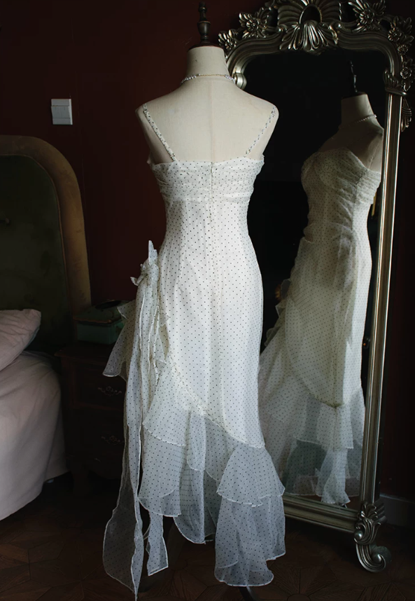 Unique Spaghetti Straps White Prom Dress Polka Dots Ruffles Mermaid Evening Dress C9220