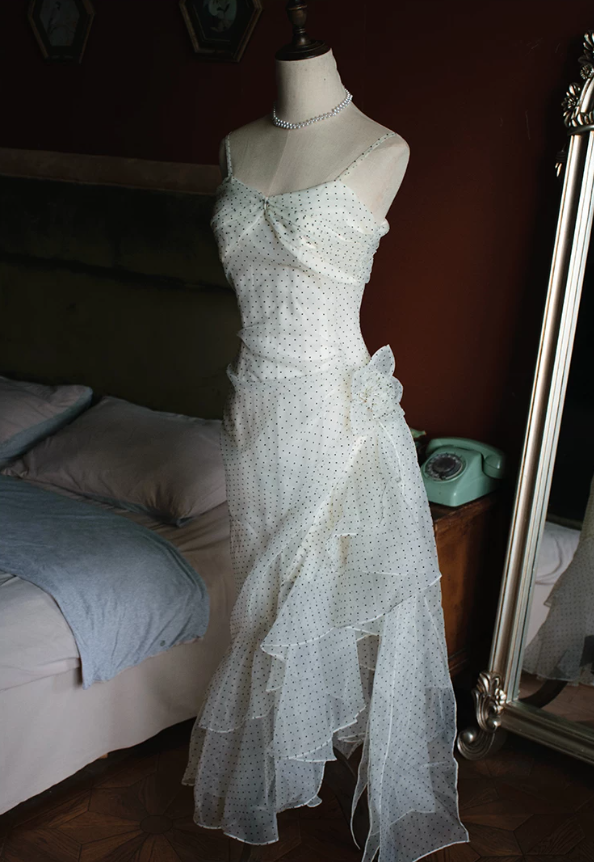 Unique Spaghetti Straps White Prom Dress Polka Dots Ruffles Mermaid Evening Dress C9220
