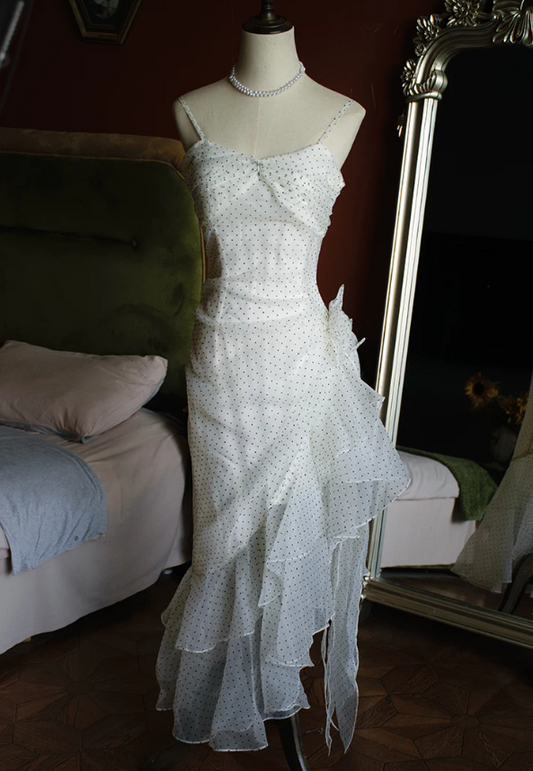 Unique Spaghetti Straps White Prom Dress Polka Dots Ruffles Mermaid Evening Dress C9220