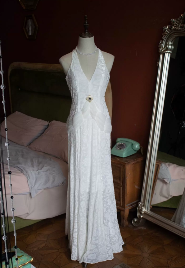 Vintage Halter Neck Wedding Dresses Jacquard Mermaid Bridal Dress C9221