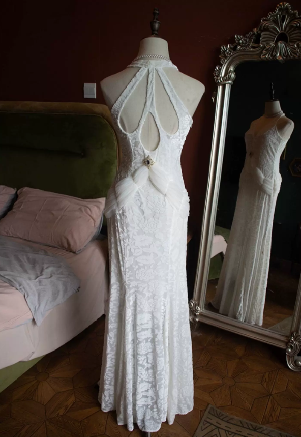 Vintage Halter Neck Wedding Dresses Jacquard Mermaid Bridal Dress C9221