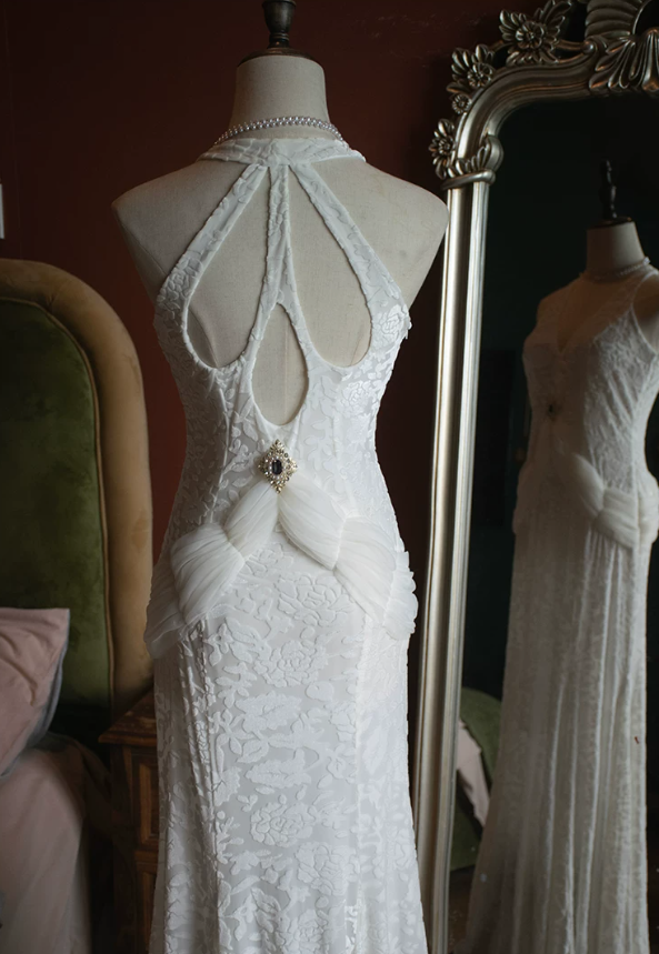 Vintage Halter Neck Wedding Dresses Jacquard Mermaid Bridal Dress C9221