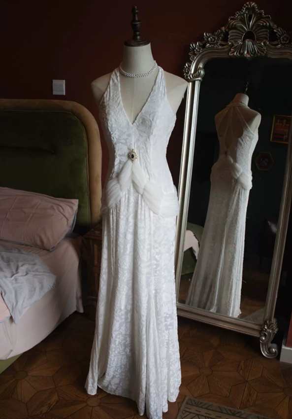 Vintage Halter Neck Wedding Dresses Jacquard Mermaid Bridal Dress C9221