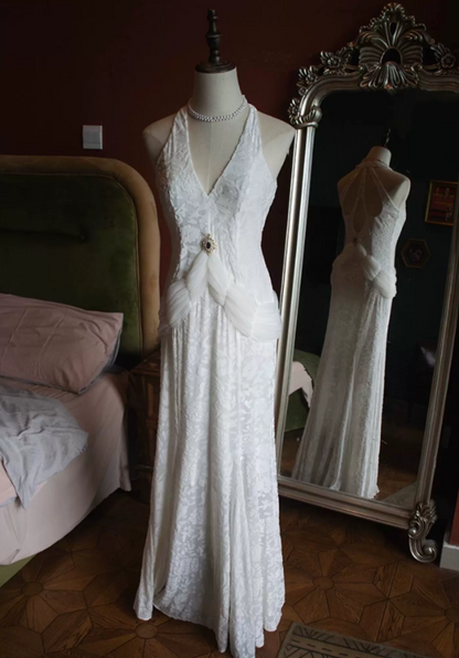 Vintage Halter Neck Wedding Dresses Jacquard Mermaid Bridal Dress C9221