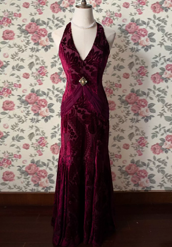 Classical Halter Neck Prom Dress Jacquard Mermaid Evening Dress C9222