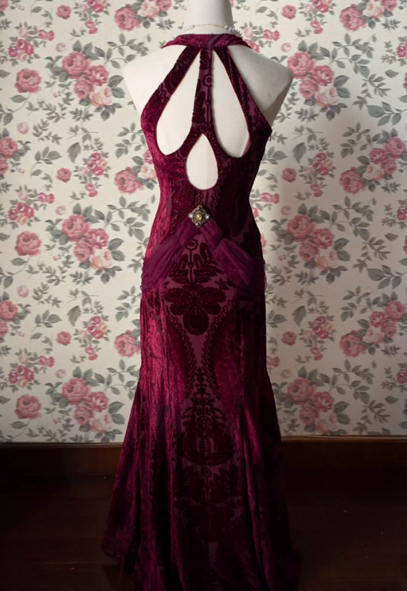 Classical Halter Neck Prom Dress Jacquard Mermaid Evening Dress C9222