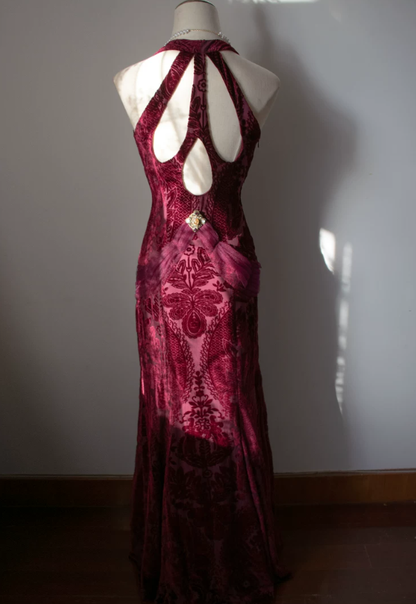 Classical Halter Neck Prom Dress Jacquard Mermaid Evening Dress C9222