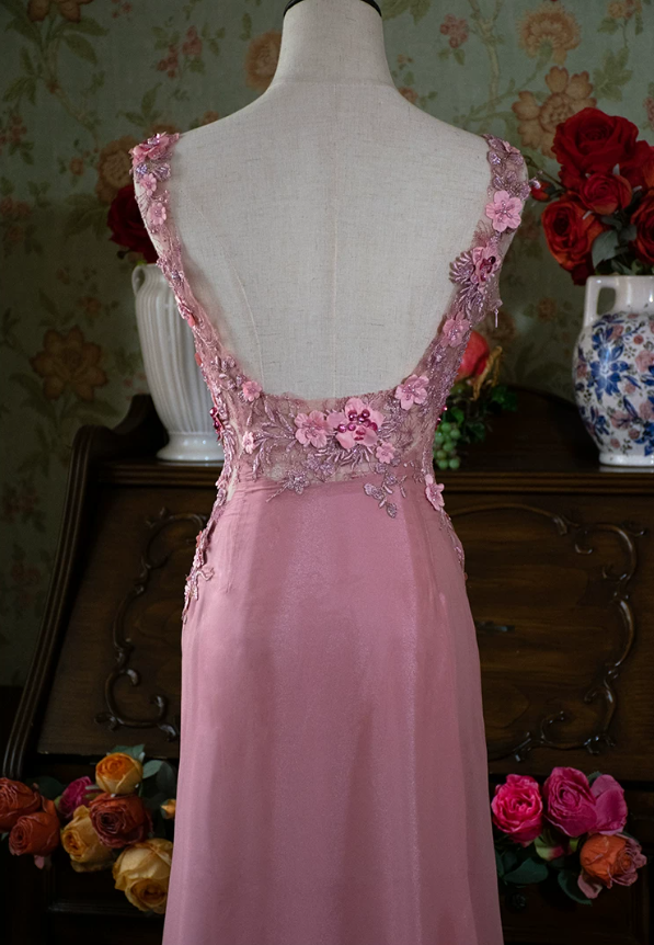 Cute Spaghetti Strap Pink Prom Dress Appliques Backless Mermaid Evening Dress C9224