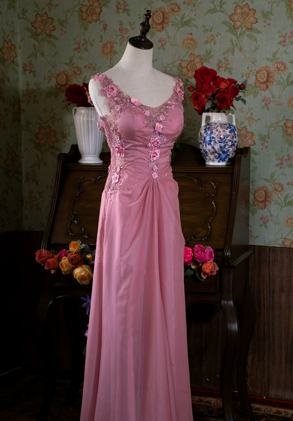 Cute Spaghetti Strap Pink Prom Dress Appliques Backless Mermaid Evening Dress C9224