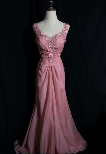 Cute Spaghetti Strap Pink Prom Dress Appliques Backless Mermaid Evening Dress C9224