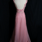 Cute Spaghetti Strap Pink Prom Dress Appliques Backless Mermaid Evening Dress C9224