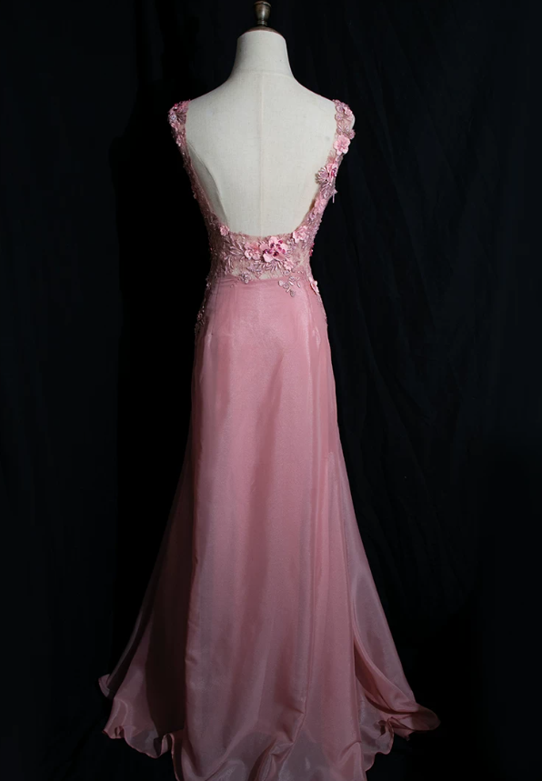 Cute Spaghetti Strap Pink Prom Dress Appliques Backless Mermaid Evening Dress C9224