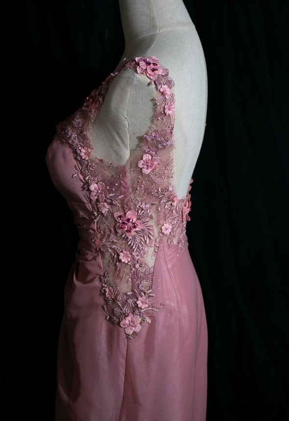 Cute Spaghetti Strap Pink Prom Dress Appliques Backless Mermaid Evening Dress C9224