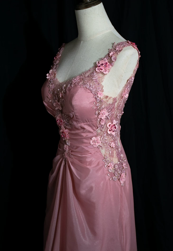 Cute Spaghetti Strap Pink Prom Dress Appliques Backless Mermaid Evening Dress C9224