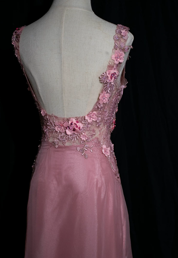 Cute Spaghetti Strap Pink Prom Dress Appliques Backless Mermaid Evening Dress C9224