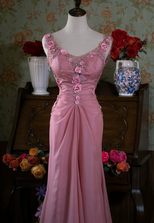 Cute Spaghetti Strap Pink Prom Dress Appliques Backless Mermaid Evening Dress C9224