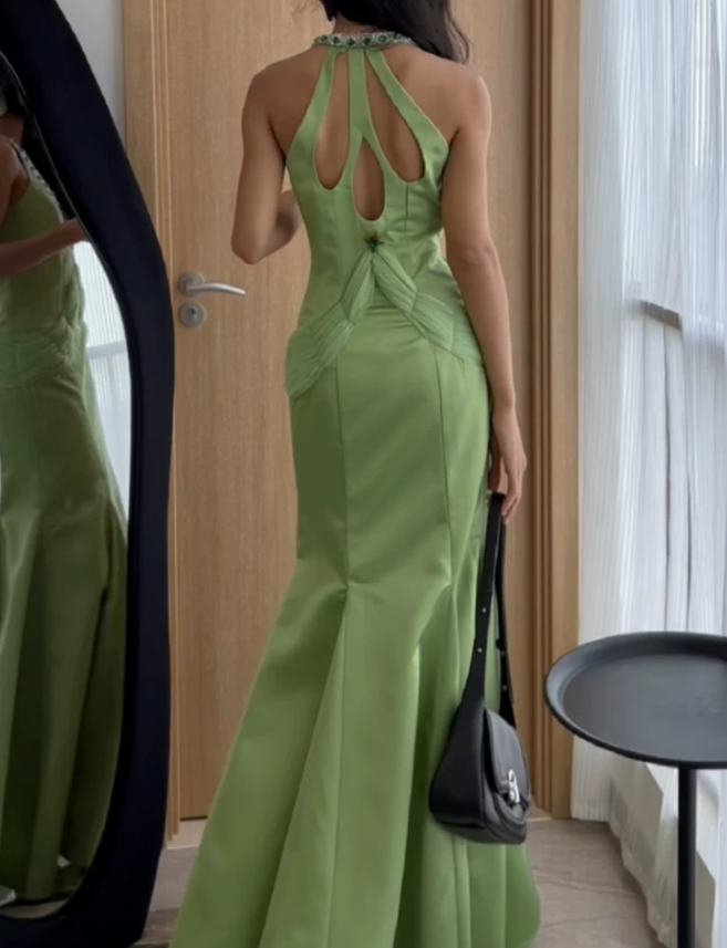 Ornate Halter Neck Green Prom Dress Beading Mermaid Evening Dress C9225