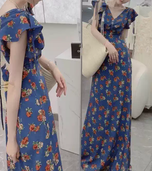 Alluring V Neck Blue Prom Dress Ruffles Floral A-Line Evening Dress C9237