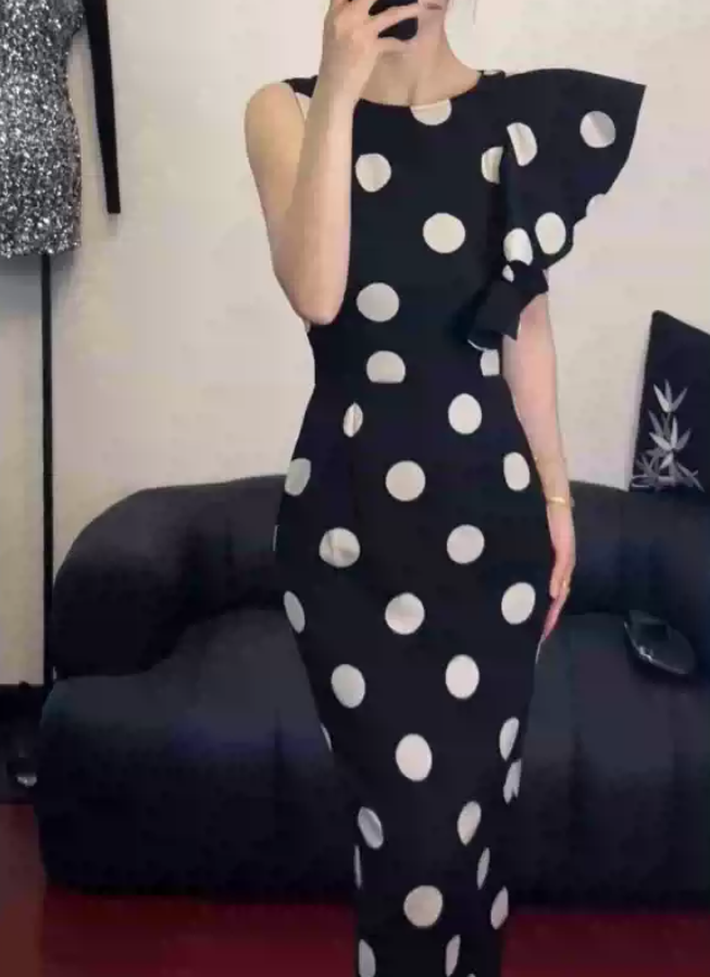 Vintage Jewel Neck Black Prom Dress Ruffles Polka Dots Sheath Evening Dress C9238