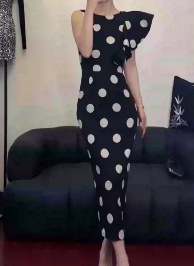 Vintage Jewel Neck Black Prom Dress Ruffles Polka Dots Sheath Evening Dress C9238