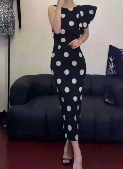 Vintage Jewel Neck Black Prom Dress Ruffles Polka Dots Sheath Evening Dress C9238