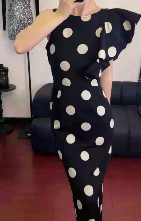 Vintage Jewel Neck Black Prom Dress Ruffles Polka Dots Sheath Evening Dress C9238