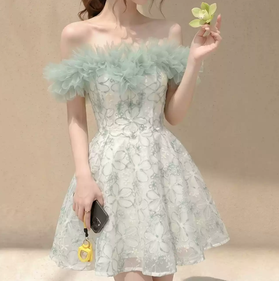 Glam Off-Shoulder Green Homecoming Dress Sequins Ruffles A-Line Party Dress C9244