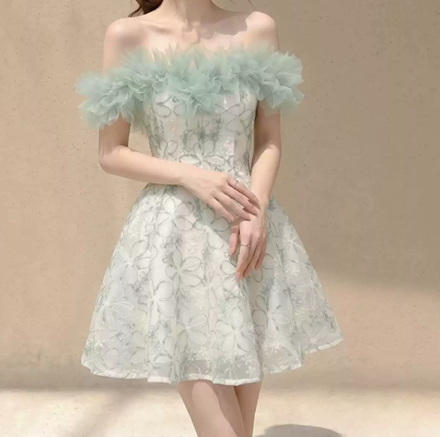 Glam Off-Shoulder Green Homecoming Dress Sequins Ruffles A-Line Party Dress C9244