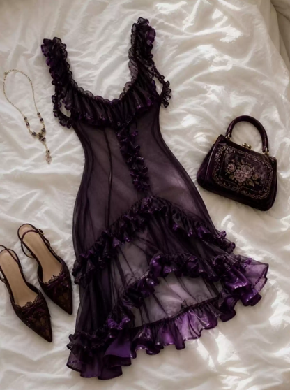 Classical Spaghetti Strap Purple Homecoming Dress Ruffles A-Line Party Dress C9246