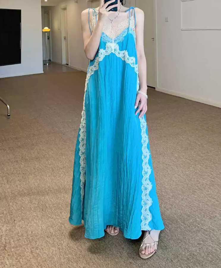 Chic Spaghetti Straps Blue Prom Dress Lace A-Line Evening Dress C9247