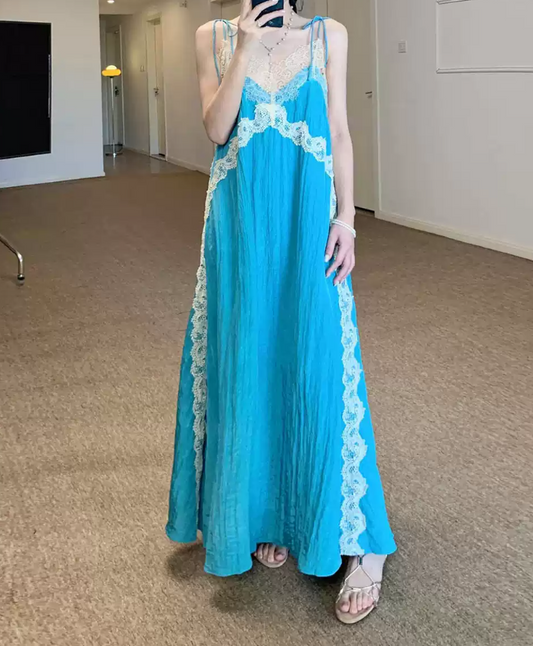 Chic Spaghetti Straps Blue Prom Dress Lace A-Line Evening Dress C9247