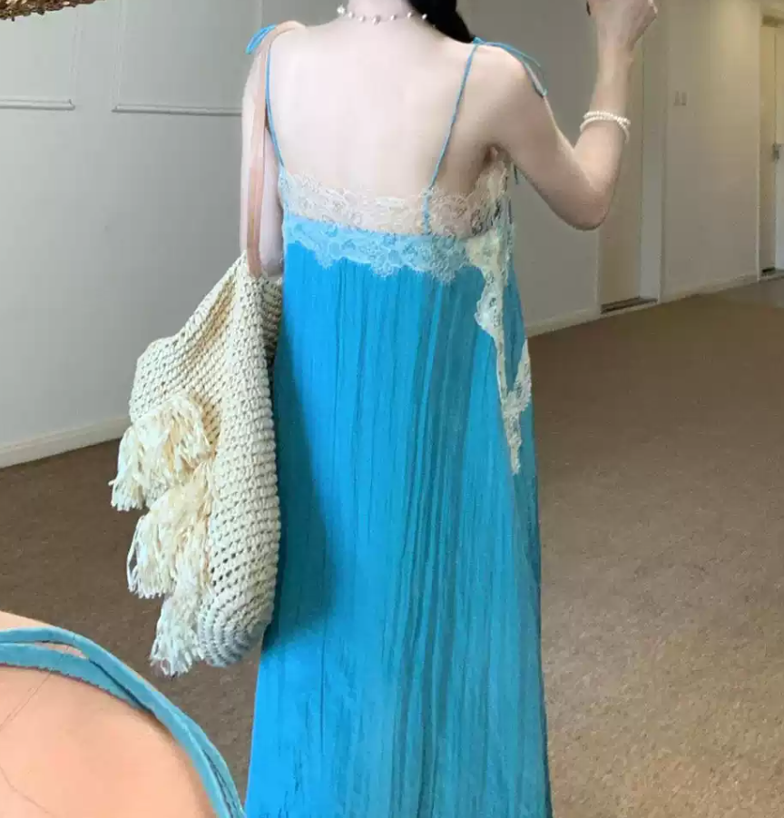 Chic Spaghetti Straps Blue Prom Dress Lace A-Line Evening Dress C9247