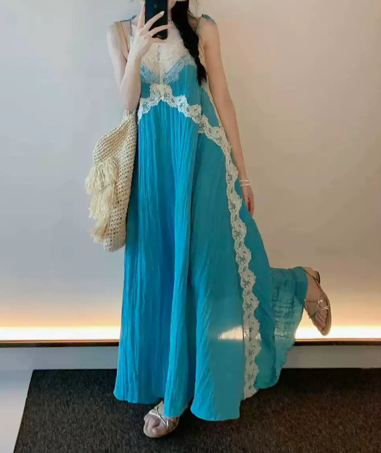 Chic Spaghetti Straps Blue Prom Dress Lace A-Line Evening Dress C9247