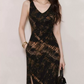Retro V Neck Black Prom Dress Slit A-Line Evening Dress C9248