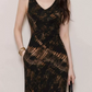 Retro V Neck Black Prom Dress Slit A-Line Evening Dress C9248