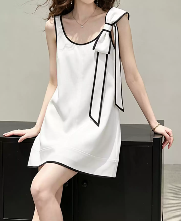 Simple Spaghetti Strap White Homecoming Dress Bow A-Line Party Dress C9249