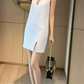 Mini robe de soirée en satin, sans bretelles, sans manches, ligne a, simple, C899